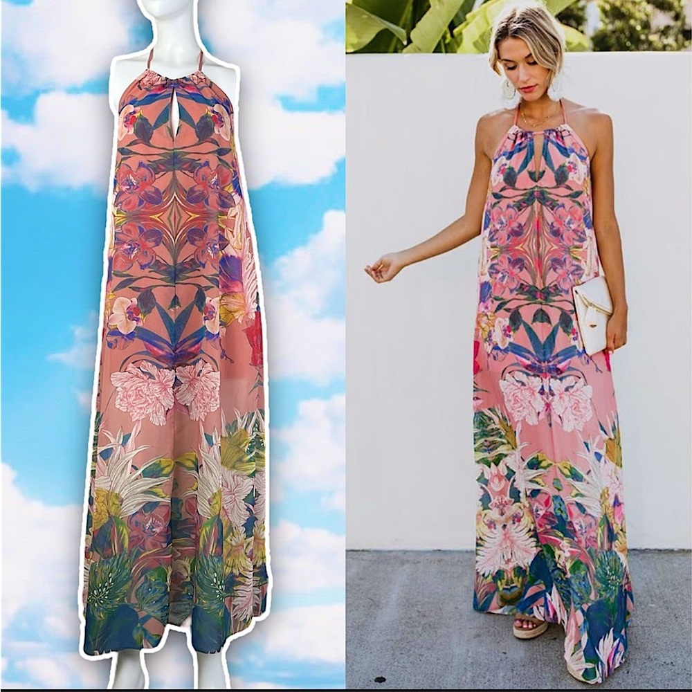 Flying Tomato Floral Halter Maxi Sundress Pink and Orange